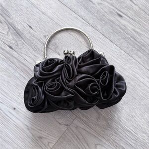 Elegant Black Rose Satin Clutch with Silver handle.